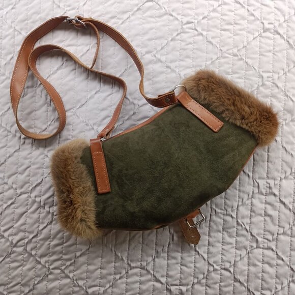 Vintage Green Suede Leather Shearling Fur Muff Adjustable Strap Purse w Pocket - Picture 2 of 13